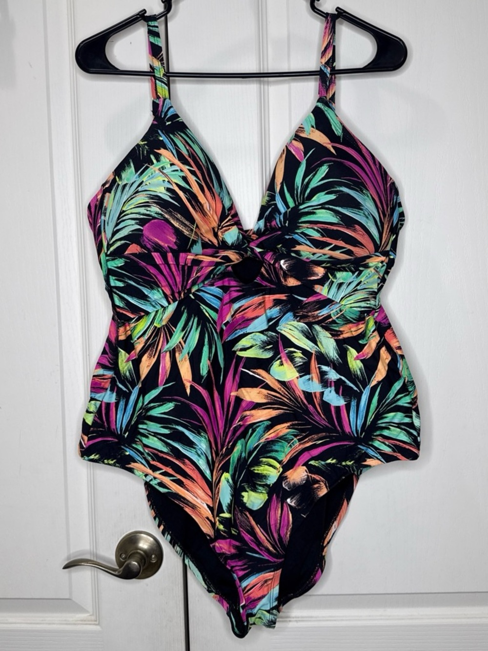 Tropical Leaf Twist-Front One-Piece Swimsuit - Black Multi